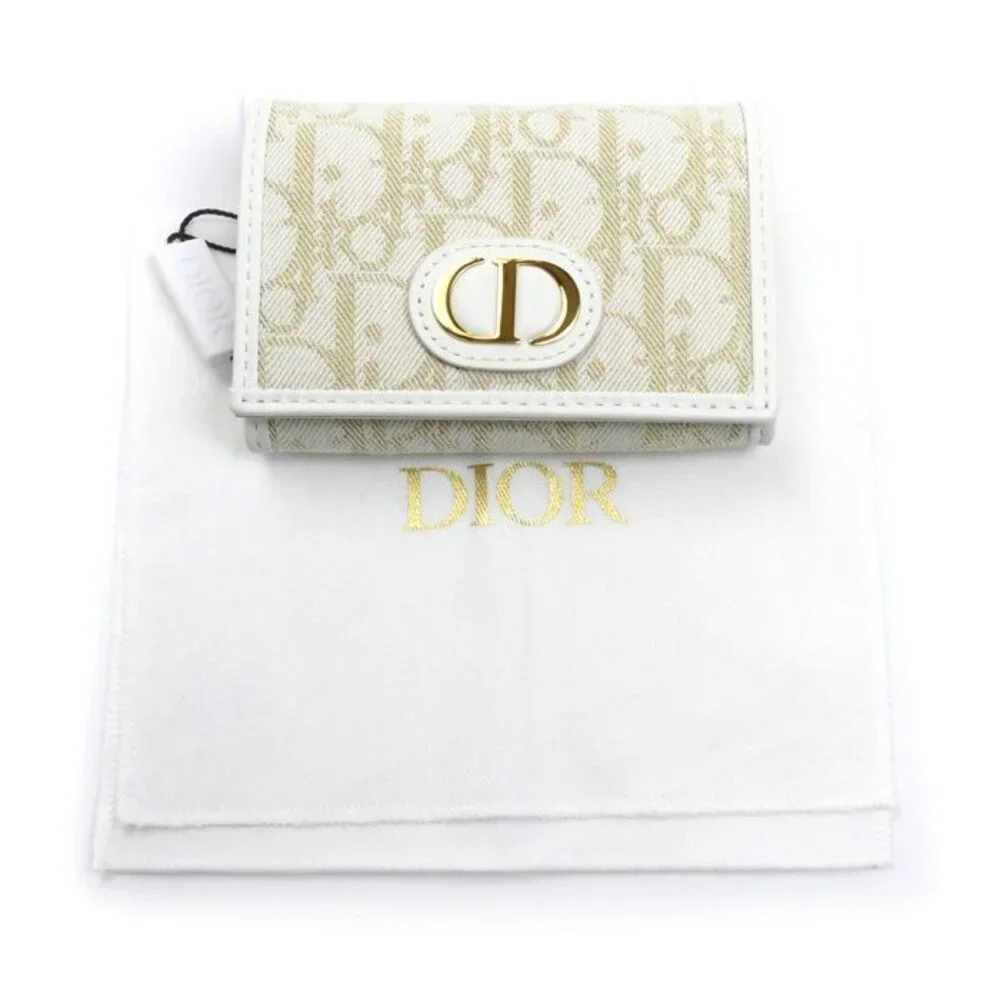 Christian Dior Oblique 30 Montaigne Medium Wallet Coin Case White Gold S2300
